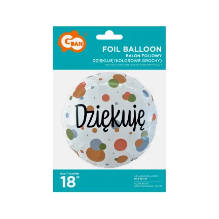Balon foliowy Dziękuję (kolorowe grochy), 46cm
