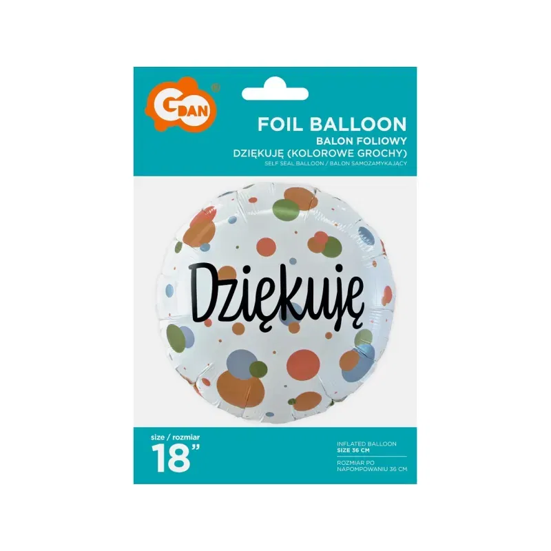 Balon foliowy Dziękuję (kolorowe grochy), 46cm