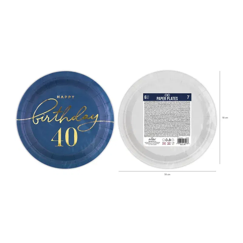 Talerzyk papierowy Happy Birthday 40 granatowy 7cali 6szt. Talerzyk papierowy Happy Birthday 40 granatowy 7cali 6szt.
