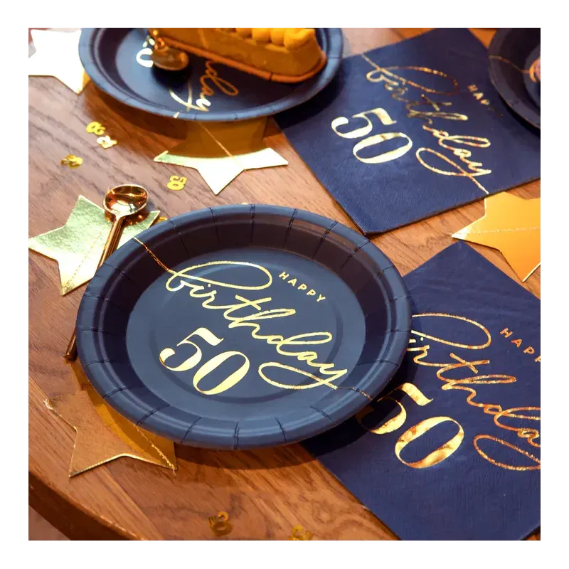 Talerzyk papierowy Happy Birthday 50 granatowy 7cali 6szt. Talerzyk papierowy Happy Birthday 50 granatowy 7cali 6szt.