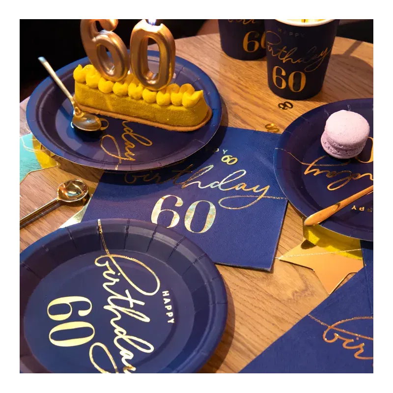 Talerzyk papierowy Happy Birthday 60 granatowy 7cali 6szt. Talerzyk papierowy Happy Birthday 60 granatowy 7cali 6szt.