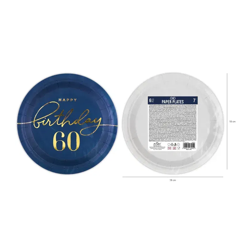 Talerzyk papierowy Happy Birthday 60 granatowy 7cali 6szt. Talerzyk papierowy Happy Birthday 60 granatowy 7cali 6szt.