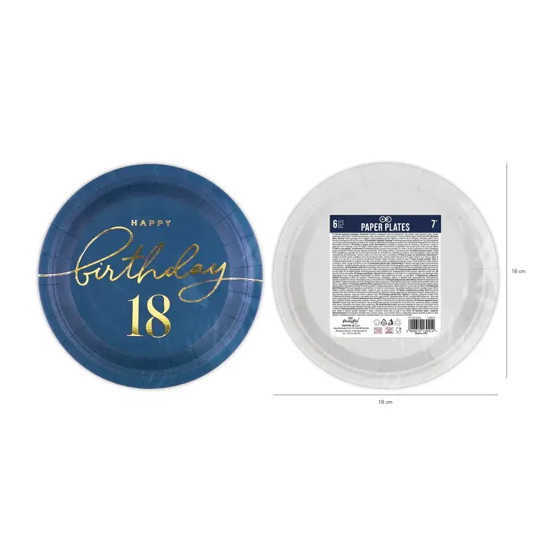 Talerzyk papierowy Happy Birthday 18 granatowy 7cali 6szt. Talerzyk papierowy Happy Birthday 18 granatowy 7cali 6szt.