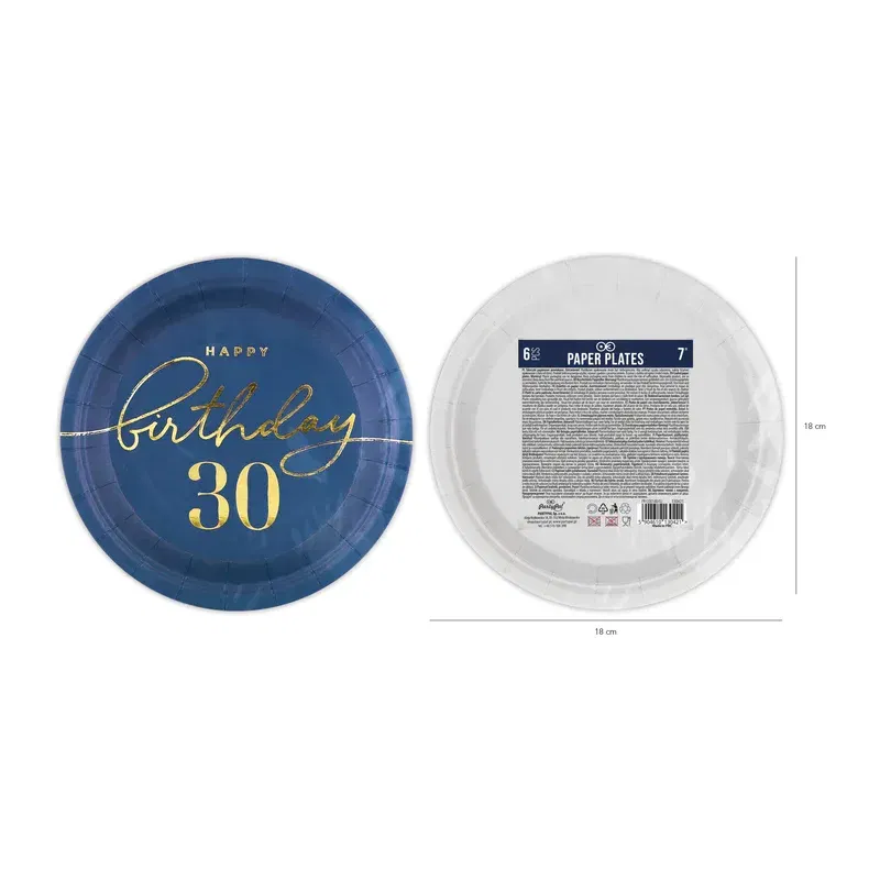 Talerzyk papierowy Happy Birthday 30 granatowy 7cali 6szt.