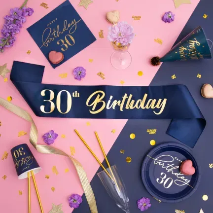 Szarfa urodzinowa 30th Birthday granatowo-złota 10x160cm