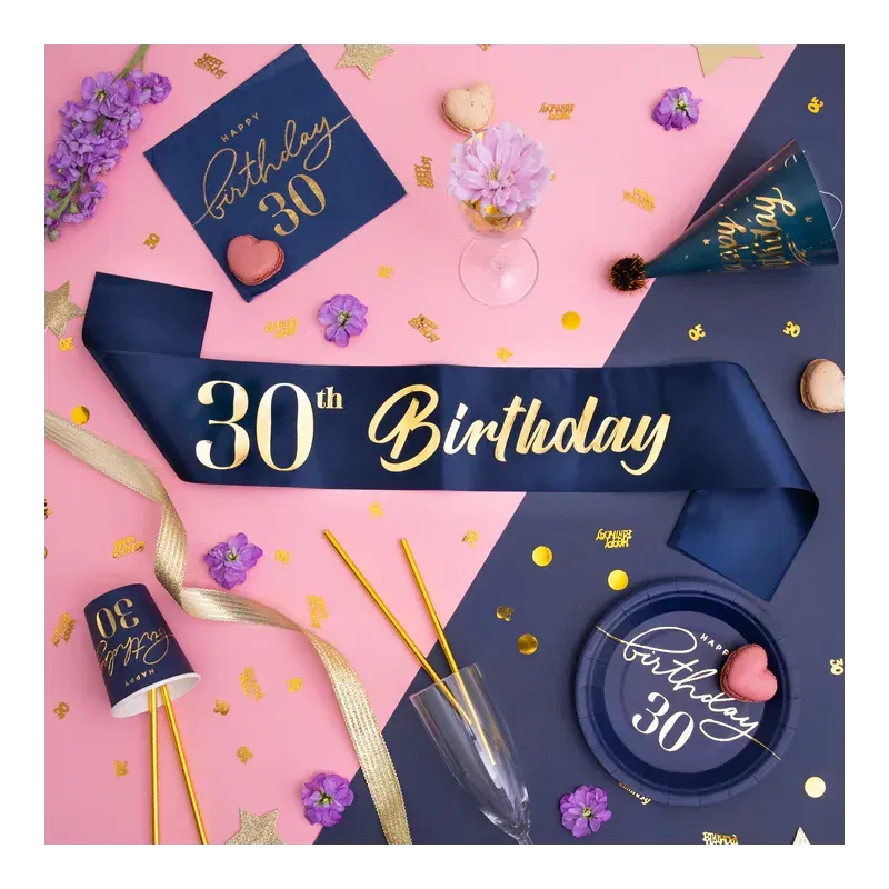 Szarfa urodzinowa 30th Birthday granatowo-złota 10x160cm