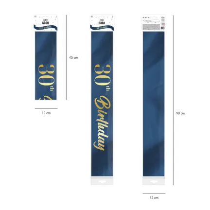 Szarfa urodzinowa 30th Birthday granatowo-złota 10x160cm