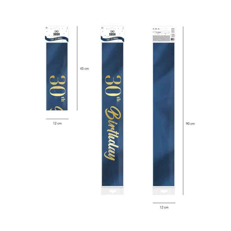 Szarfa urodzinowa 30th Birthday granatowo-złota 10x160cm