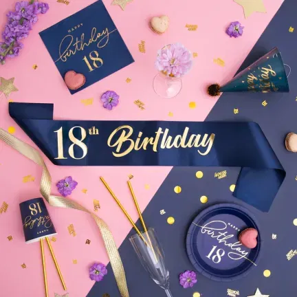 Szarfa urodzinowa 18th Birthday granatowo-złota 10x160cm Szarfa urodzinowa 18th Birthday granatowo-złota 10x160cm