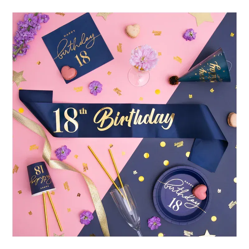 Szarfa urodzinowa 18th Birthday granatowo-złota 10x160cm Szarfa urodzinowa 18th Birthday granatowo-złota 10x160cm