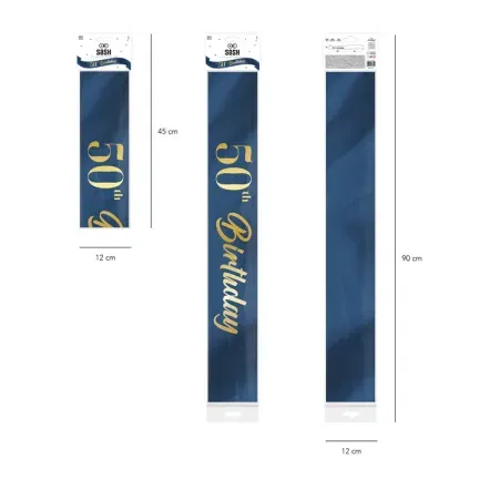 Szarfa urodzinowa 50th Birthday granatowo-złota 10x160cm Szarfa urodzinowa 50th Birthday granatowo-złota 10x160cm