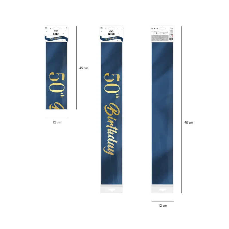 Szarfa urodzinowa 50th Birthday granatowo-złota 10x160cm Szarfa urodzinowa 50th Birthday granatowo-złota 10x160cm