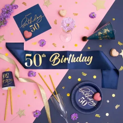 Szarfa urodzinowa 50th Birthday granatowo-złota 10x160cm Szarfa urodzinowa 50th Birthday granatowo-złota 10x160cm