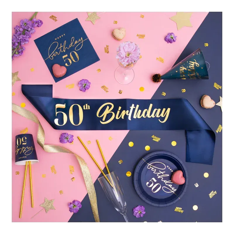 Szarfa urodzinowa 50th Birthday granatowo-złota 10x160cm Szarfa urodzinowa 50th Birthday granatowo-złota 10x160cm