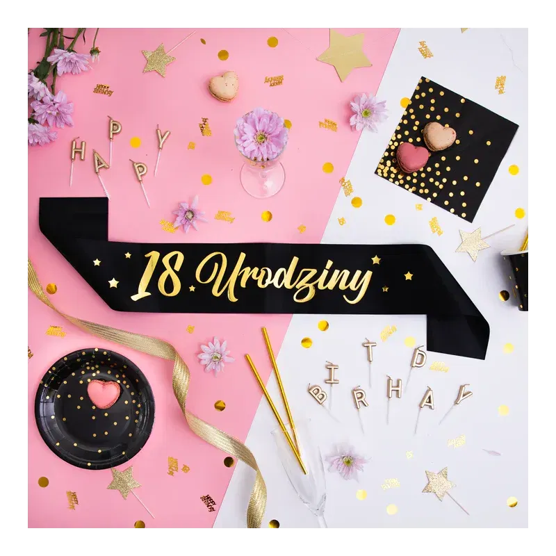 Szarfa urodzinowa 18 Urodziny czarno-złota 10x160cm