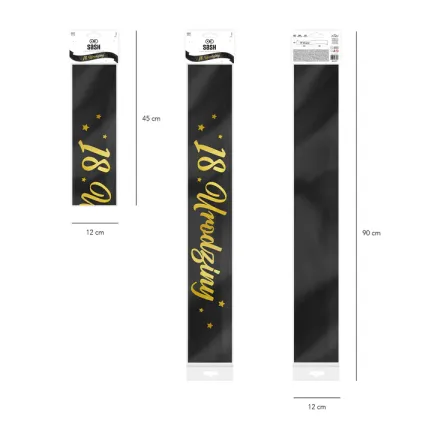 Szarfa urodzinowa 18 Urodziny czarno-złota 10x160cm