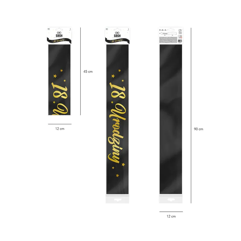 Szarfa urodzinowa 18 Urodziny czarno-złota 10x160cm