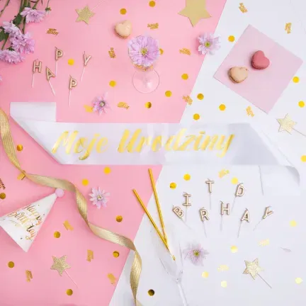 Szarfa urodzinowa Moje Urodziny biało-złota 10x160cm Szarfa urodzinowa Moje Urodziny biało-złota 10x160cm