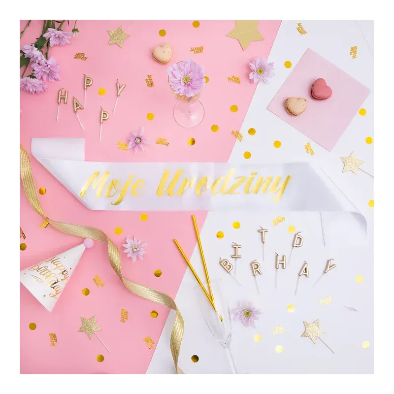 Szarfa urodzinowa Moje Urodziny biało-złota 10x160cm Szarfa urodzinowa Moje Urodziny biało-złota 10x160cm