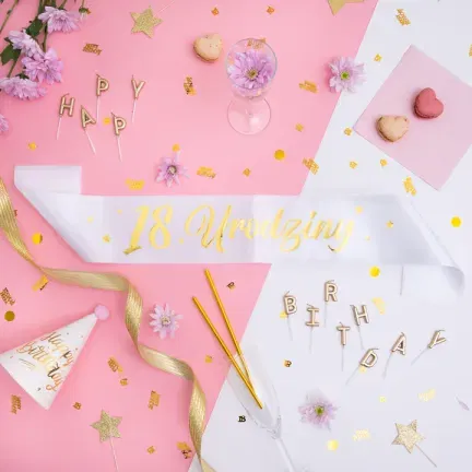 Szarfa urodzinowa 18 Urodziny biało-złota 10x160cm Szarfa urodzinowa 18 Urodziny biało-złota 10x160cm