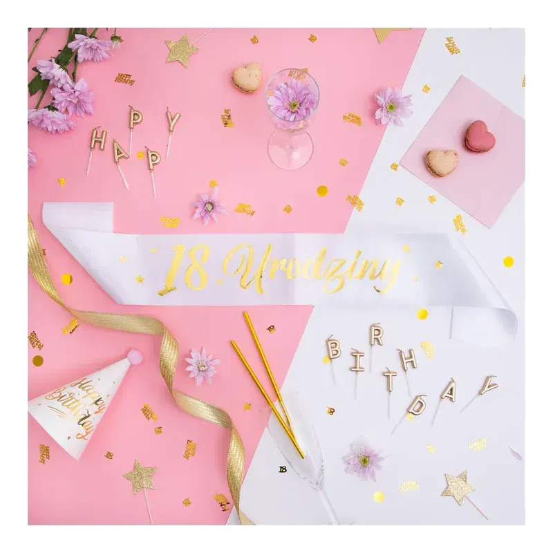 Szarfa urodzinowa 18 Urodziny biało-złota 10x160cm Szarfa urodzinowa 18 Urodziny biało-złota 10x160cm