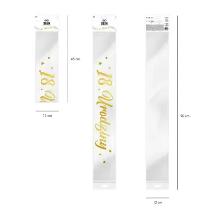 Szarfa urodzinowa 18 Urodziny biało-złota 10x160cm Szarfa urodzinowa 18 Urodziny biało-złota 10x160cm