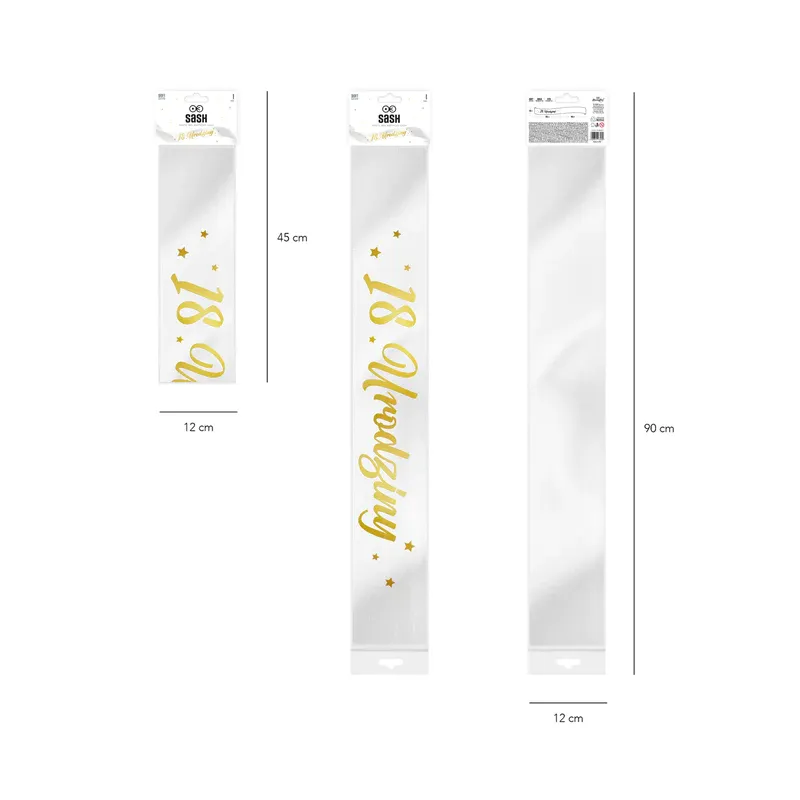 Szarfa urodzinowa 18 Urodziny biało-złota 10x160cm Szarfa urodzinowa 18 Urodziny biało-złota 10x160cm