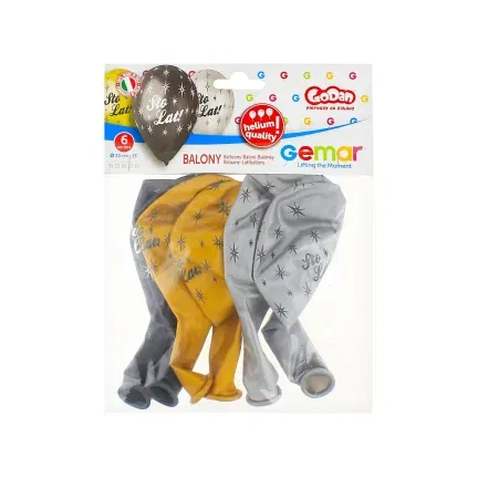 Balony na urodziny Sto Lat, złote czarne srebrne, 33 cm, 6 szt.