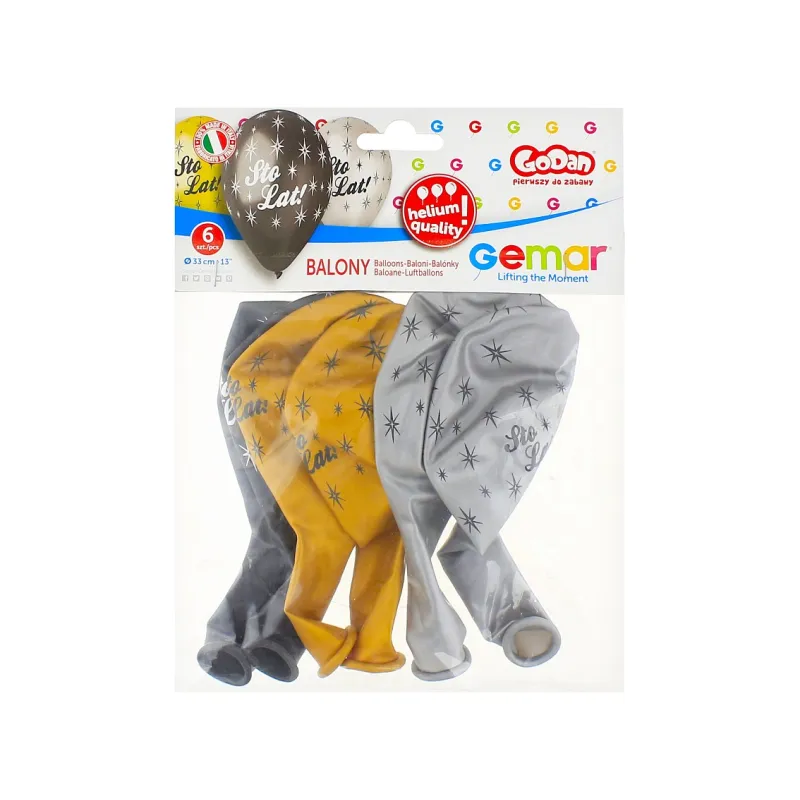 Balony na urodziny Sto Lat, złote czarne srebrne, 33 cm, 6 szt.