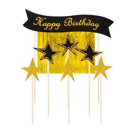Toppery na tort Happy Birthday ze złotymi gwiazdami 7szt.