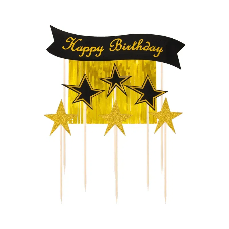 Toppery na tort Happy Birthday ze złotymi gwiazdami 7szt.