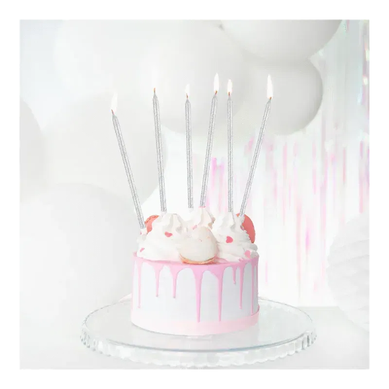 Świeczki urodzinowe srebrne z brokatem 6szt.