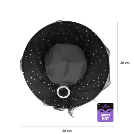 Kapelusz czarownicy z tiulem czarno-srebrny 38x32cm