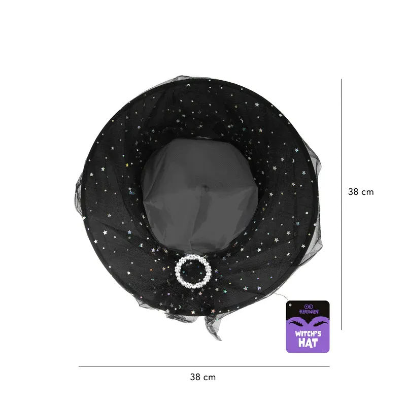 Kapelusz czarownicy z tiulem czarno-srebrny 38x32cm