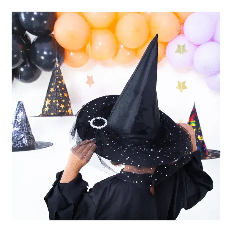 Kapelusz czarownicy z tiulem czarno-srebrny 38x32cm