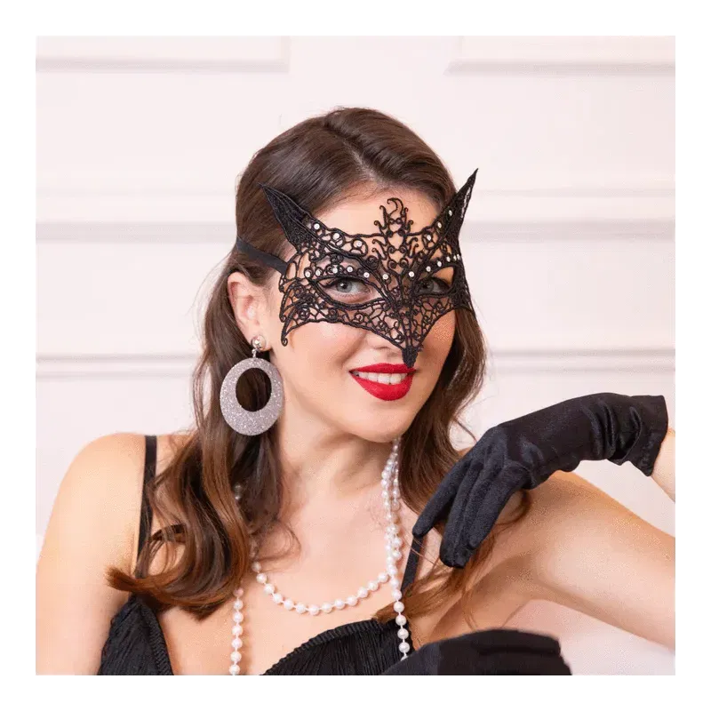 Maska wenecka Lis z diamencikami koronkowa czarna 22x15cm Maska wenecka Lis z diamencikami koronkowa czarna 22x15cm