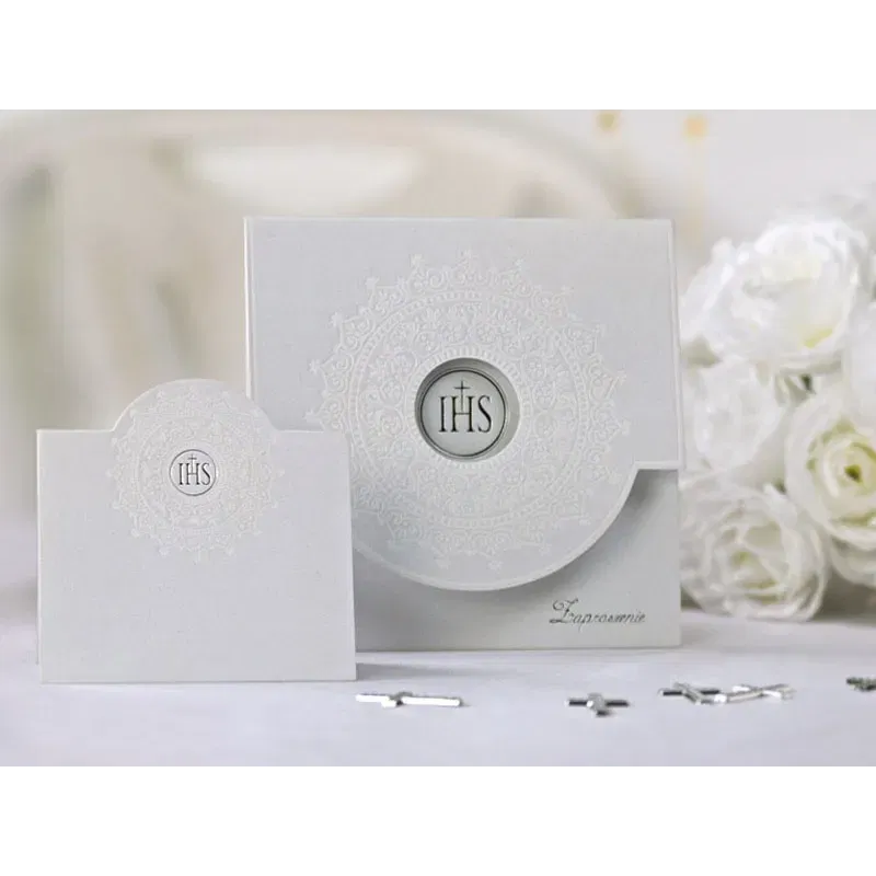 Zaproszenia komunijne z ornamentem, biały, 10szt.