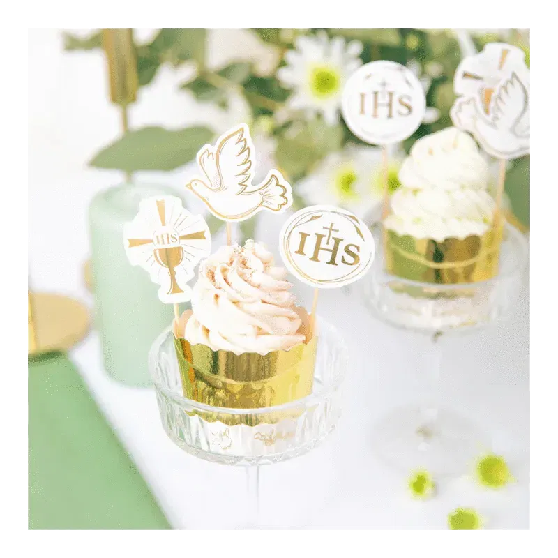 Toppery na tort Komunia biało-złote 6szt. Toppery na tort Komunia biało-złote 6szt.