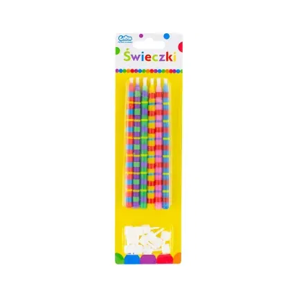 Świeczki urodzinowe 12/12 wysokie w paski, z podstawkami Świeczki urodzinowe 12/12 wysokie w paski, z podstawkami
