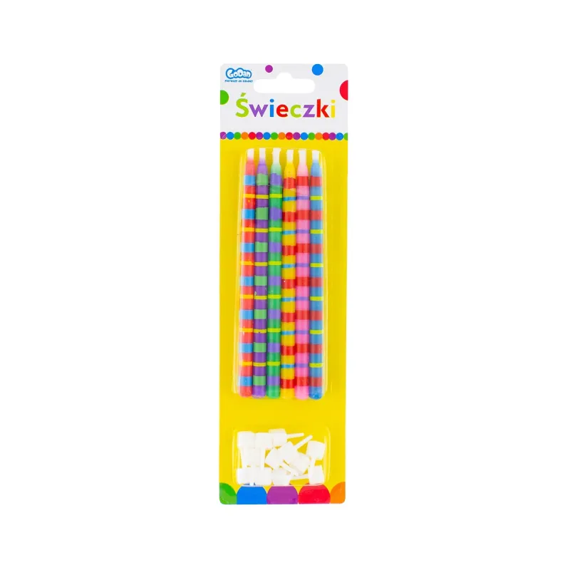 Świeczki urodzinowe 12/12 wysokie w paski, z podstawkami Świeczki urodzinowe 12/12 wysokie w paski, z podstawkami