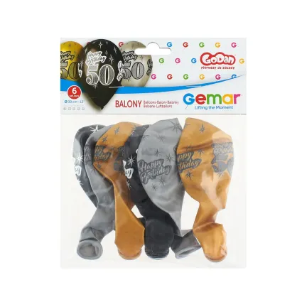 Balony urodzinowe Premium Happy Birthday 50, metaliczne, 12 cali / 6 szt.