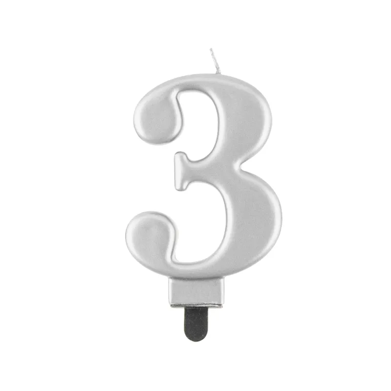 Świeczka 3 metalik srebrna, 8 cm