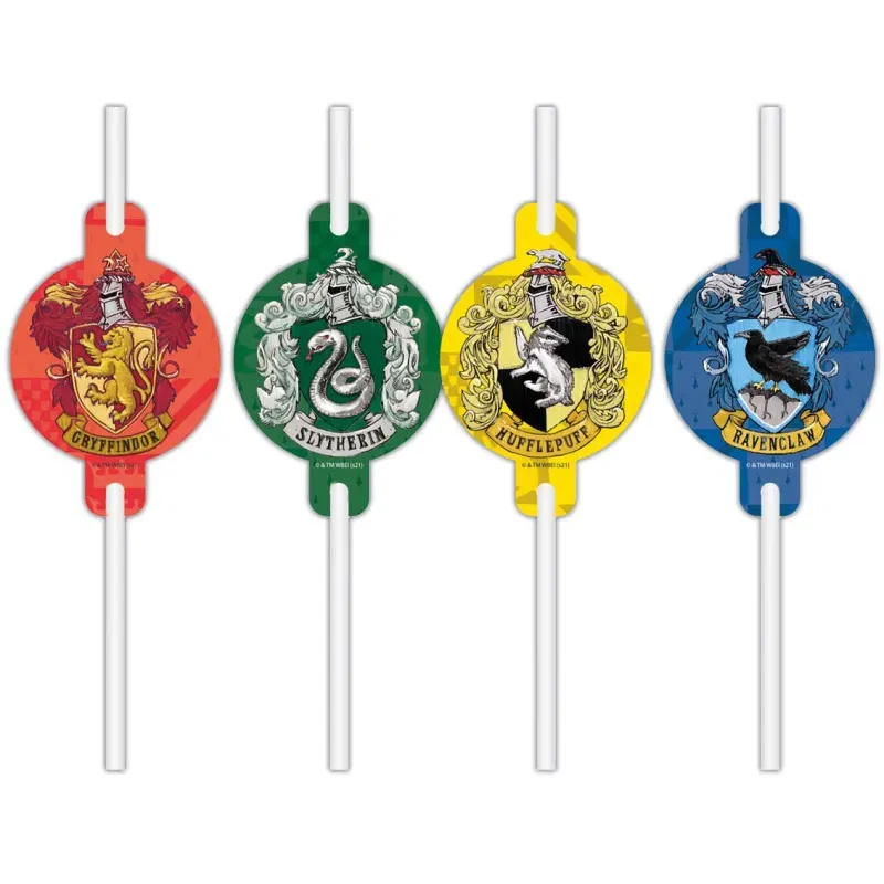 Słomki papierowe z medalionem Harry Potter Hogwarts Houses, 4 szt.