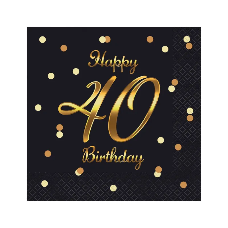Serwetki Happy 40 Birthday, czarne, złoty nadruk/20szt.