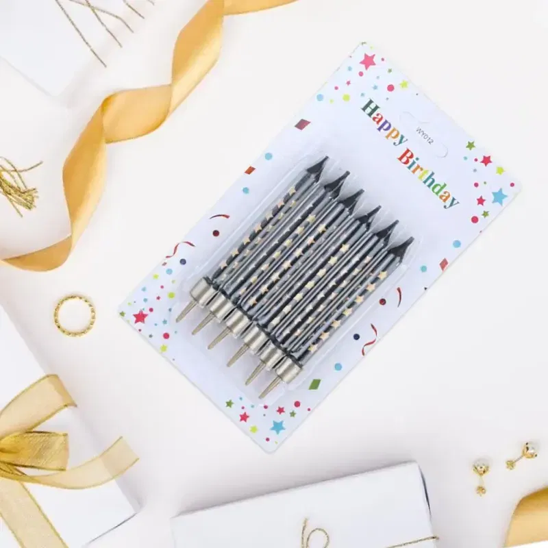 Świeczki na TORT czarne w złote gwiazdki 6 cm 6 szt