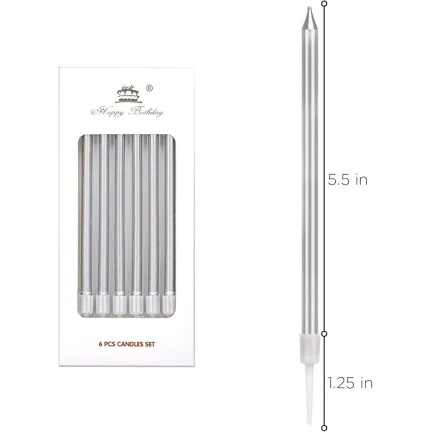 Świeczki dekoracja na TORT srebrne długie 11 cm 6 szt