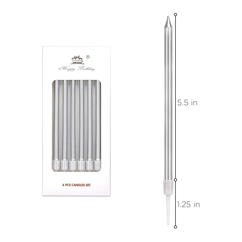 Świeczki dekoracja na TORT srebrne długie 11 cm 6 szt