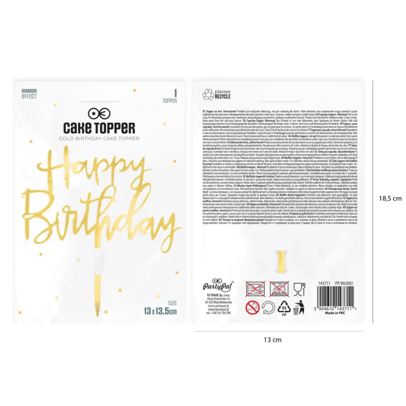 Topper na tort Happy Birthday lustrzany złoty