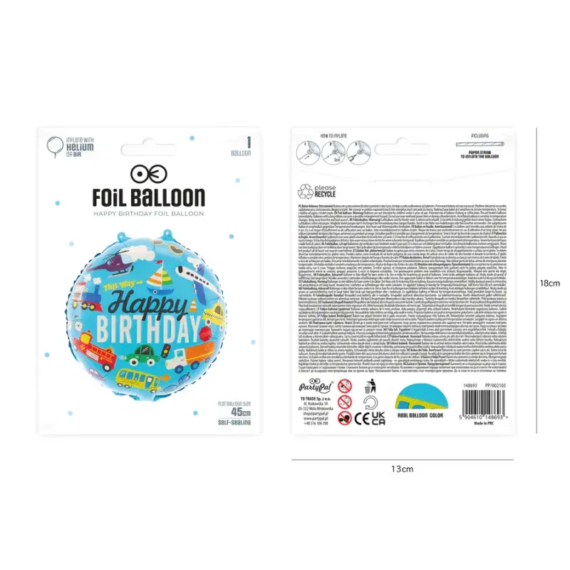 Balon foliowy Happy Birthday Pojazdy 45cm Balon foliowy Happy Birthday Pojazdy 45cm