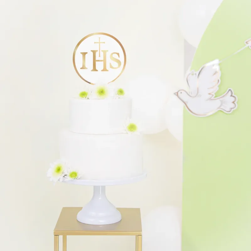 Topper na tort komunijny IHS biało-złoty 1szt.